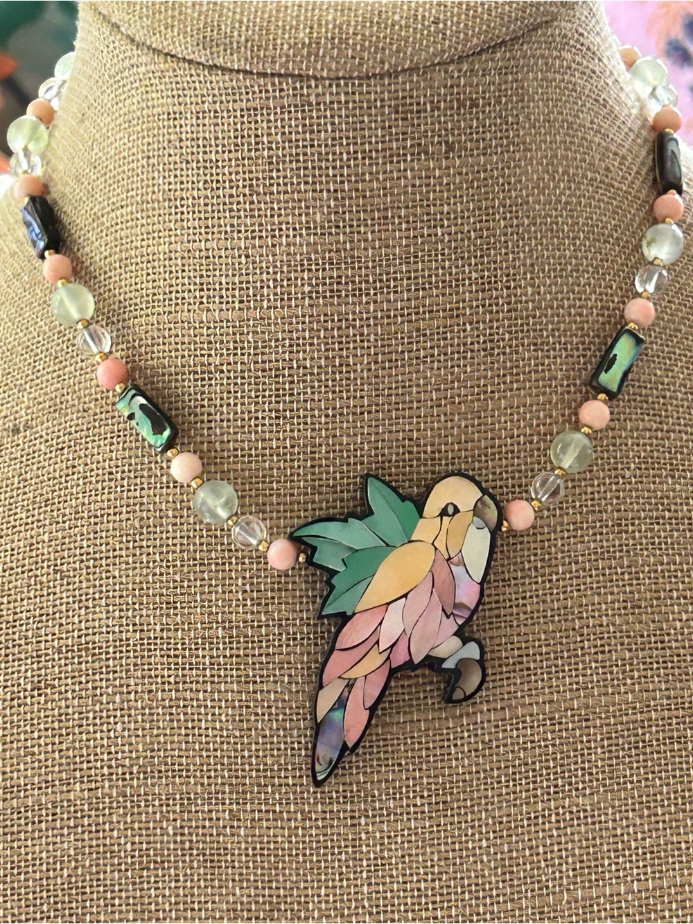 Lee Sands vintage handcrafted Parrot Pendant Necklace - Pastel Pink green